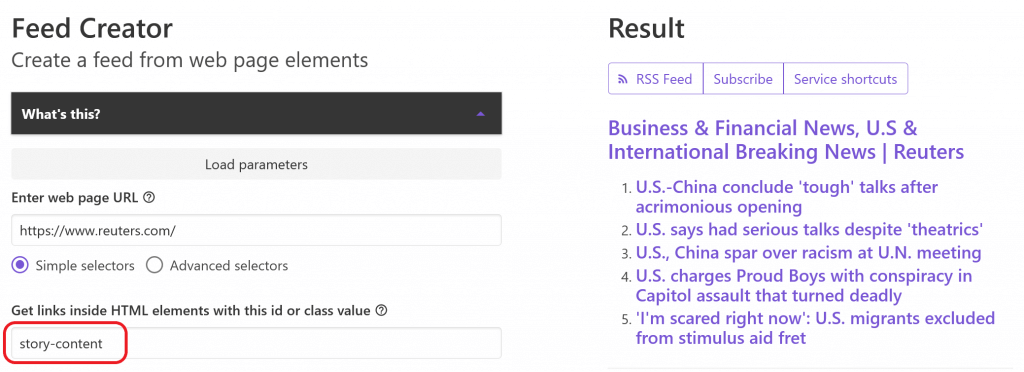 Feed Creator with simple selector to turn webpage into an RSS feed