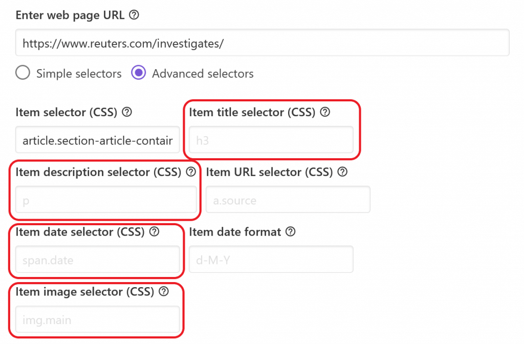 Feed Creator CSS selector fields to target additional information for the feed.