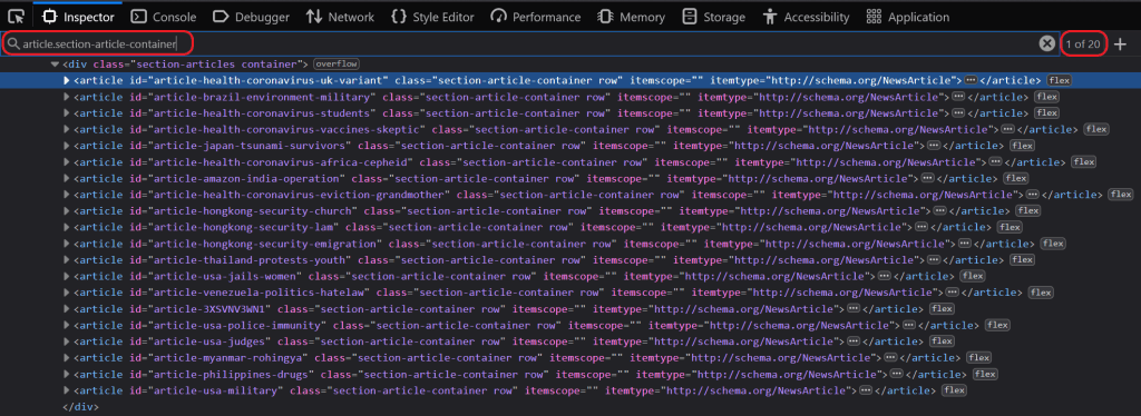 Firefox's developer tools showing HTML elements matching CSS selector 'article.section-article-container'