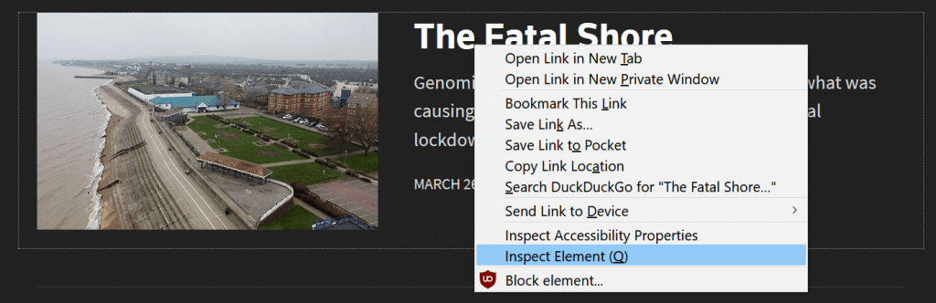 Firefox context menu showing the 'Inspect Element (Q)' menu item.