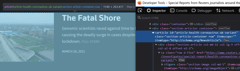 Firefox's inspector showing the underlying HTML