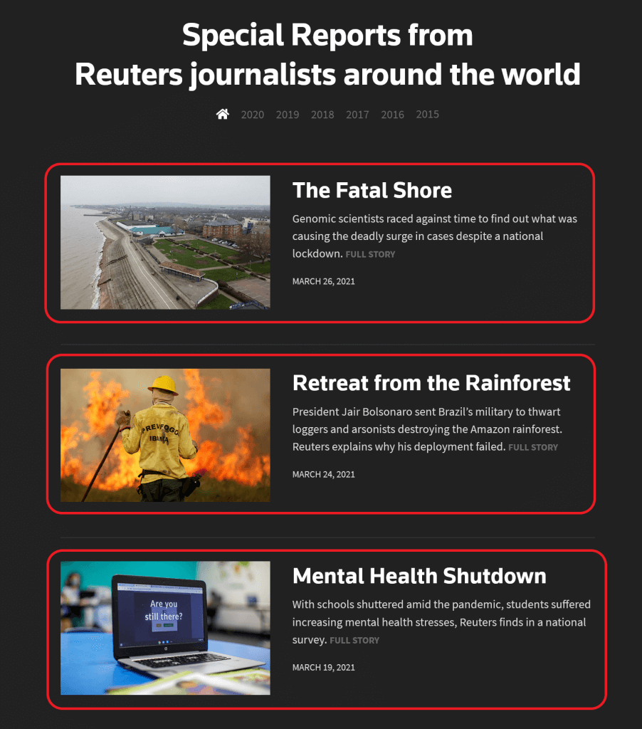 The items we want to turn into a feed from the Reuters Investigates site.