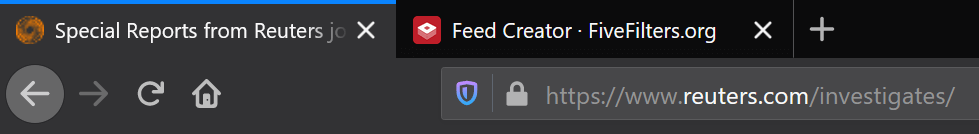 Reuters Investigates and Feed Creator in two separate tabs.