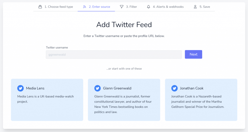 Feed Control's screen for monitoring Twitter timelines