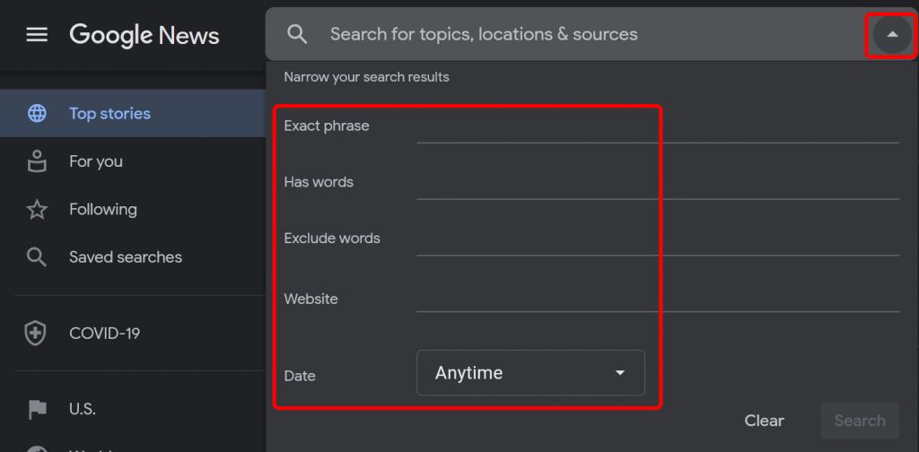Google News advanced search