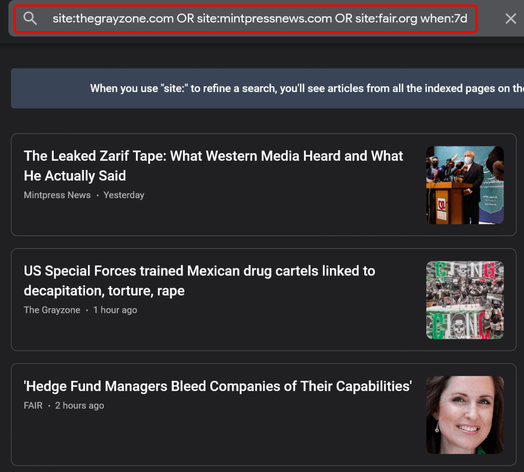 Google News search results for The Grayzone and MintPress News.