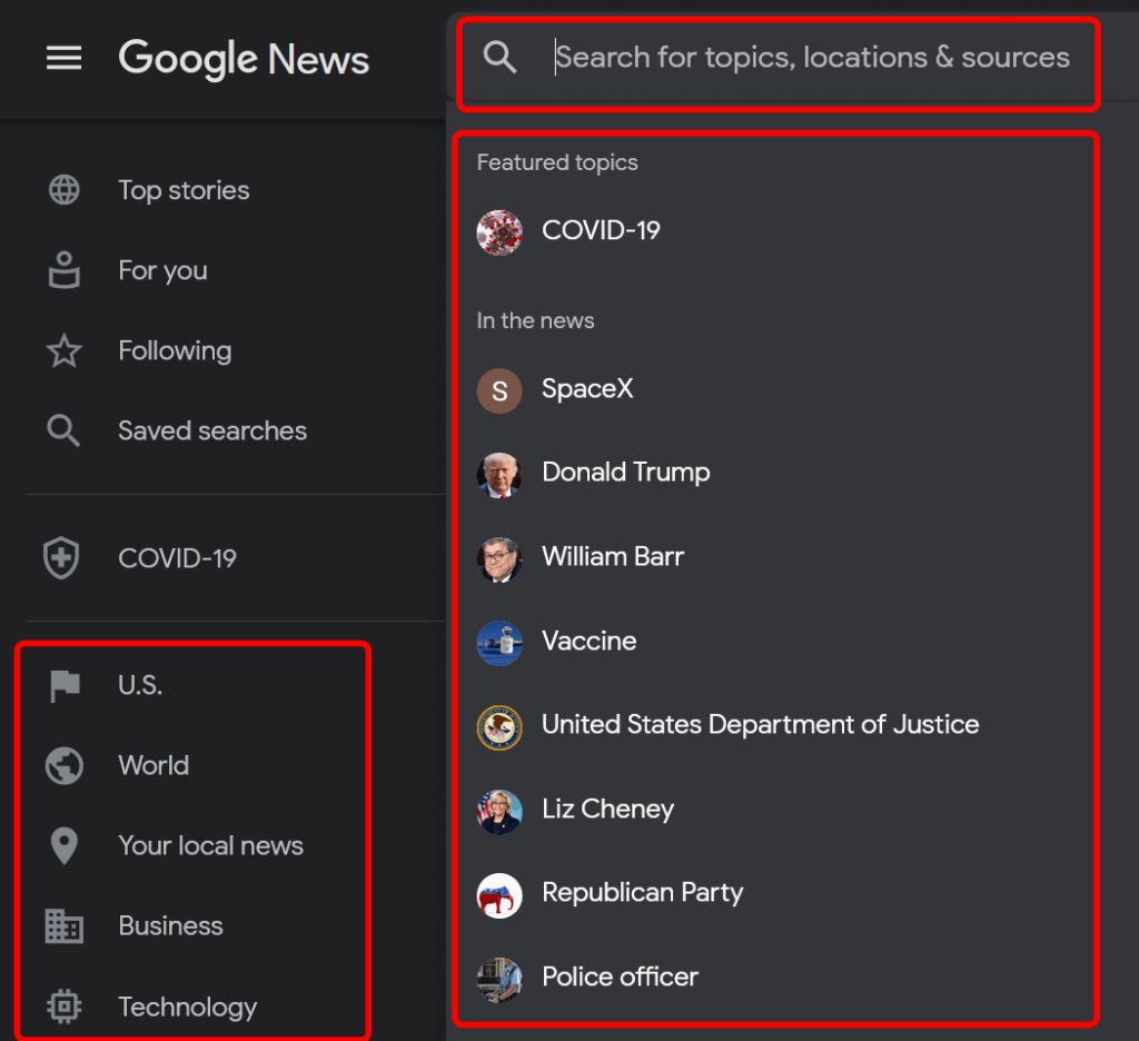 Google News topics