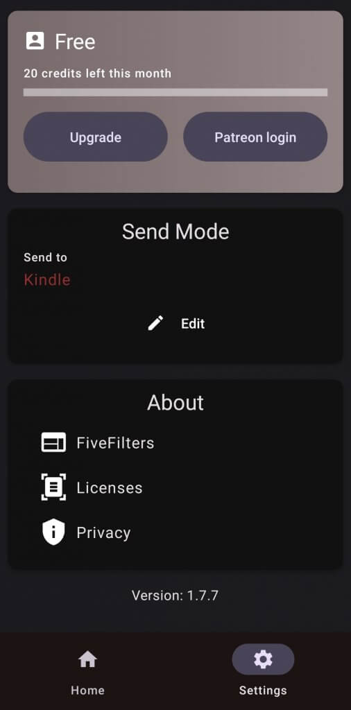 Settings screen of the new Push to Kindle app