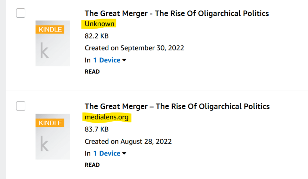 Screenshot from Amazon Kindle library showing incorrect metadata handling.